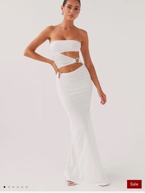 Peppermayo White Strapless Cutout Mesh Maxi Dress